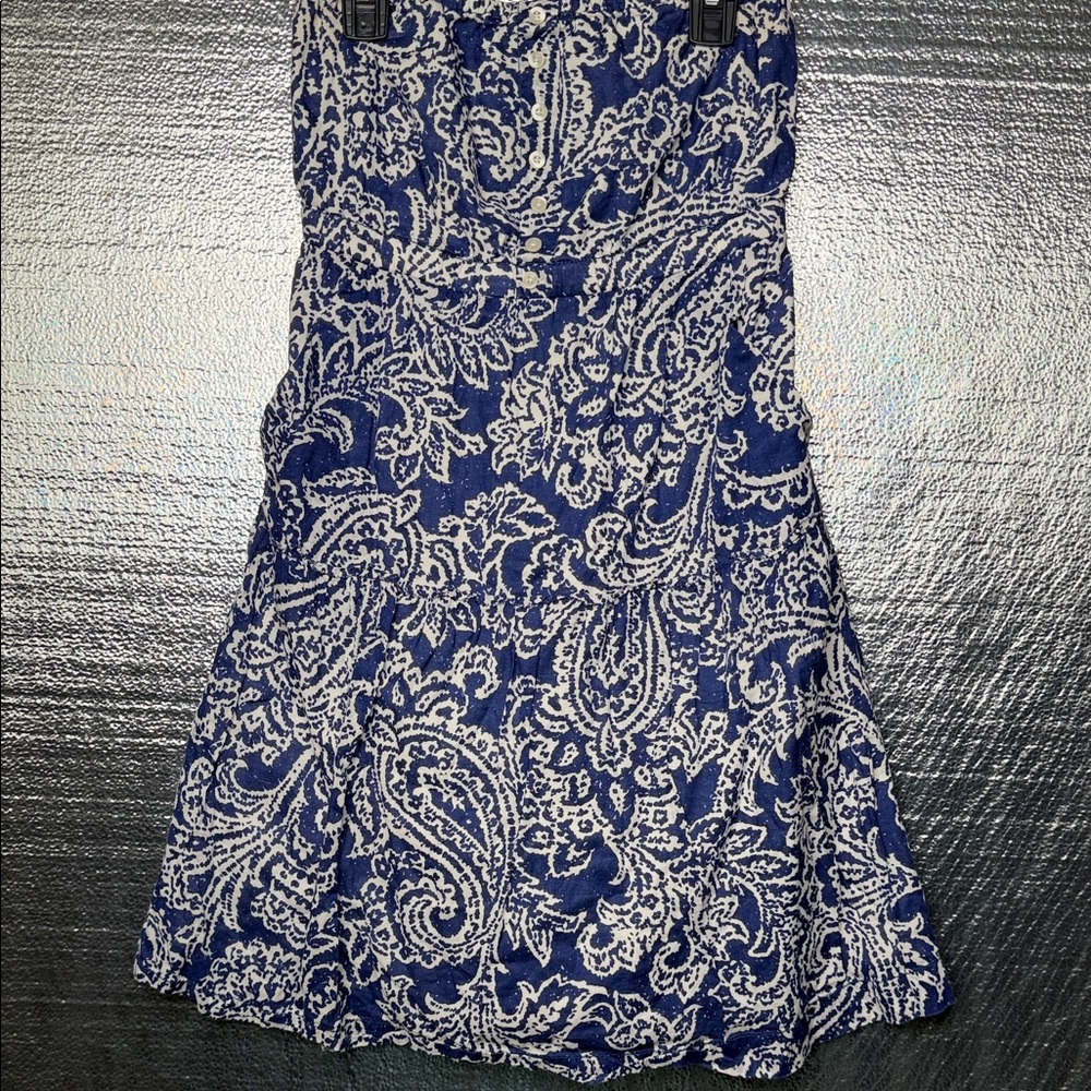 American Eagle Outfitters Blue and White Patterned Strapless Dress
